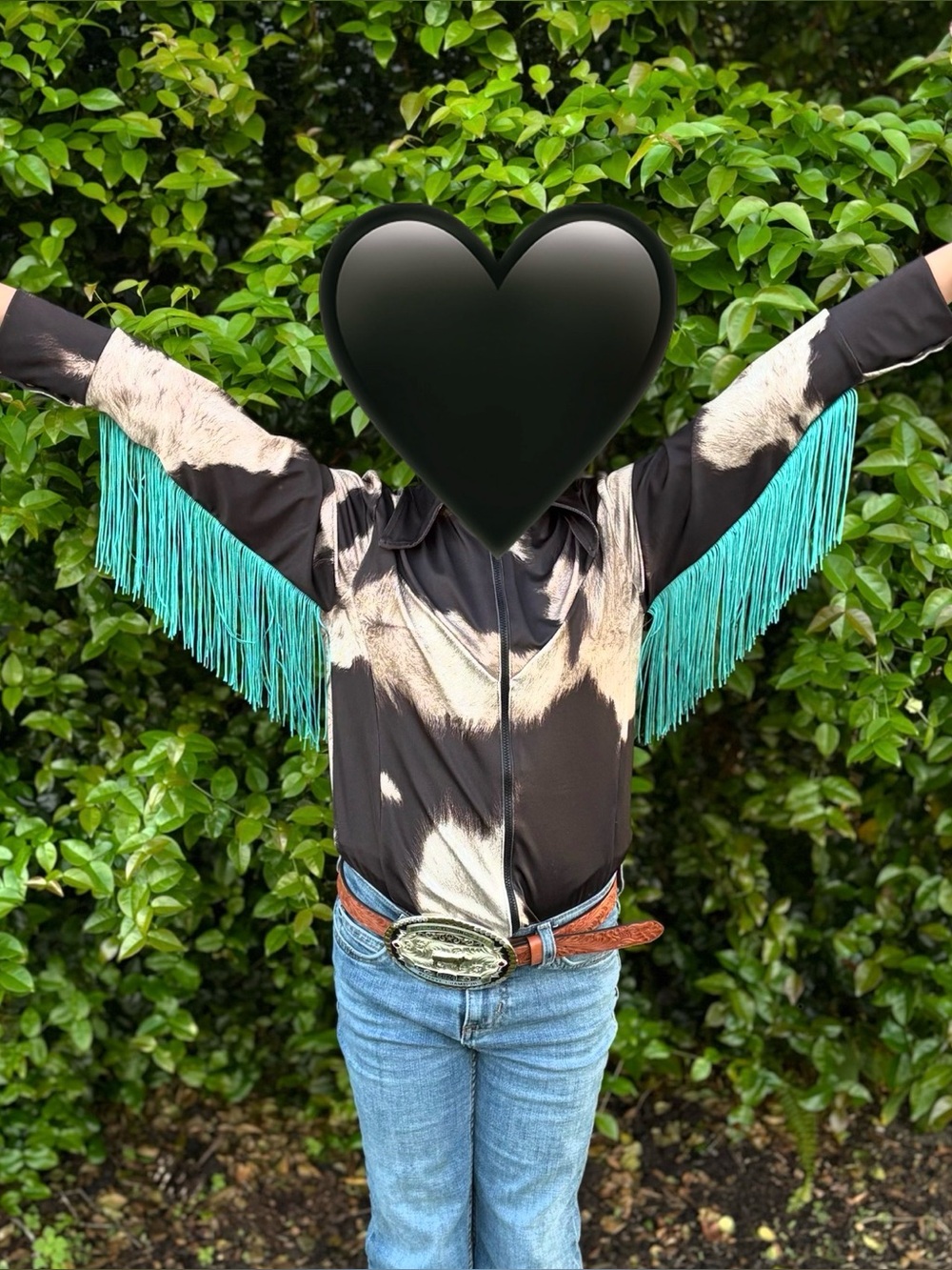 Custom Made Black & Taupe Abstract Fringe Zip Jacket with Teal Fringe